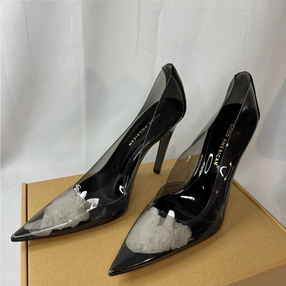 NWOT Good American Cinderella pump heels clear stiletto in Light Smoke women’s 9 - Picture 3 of 8